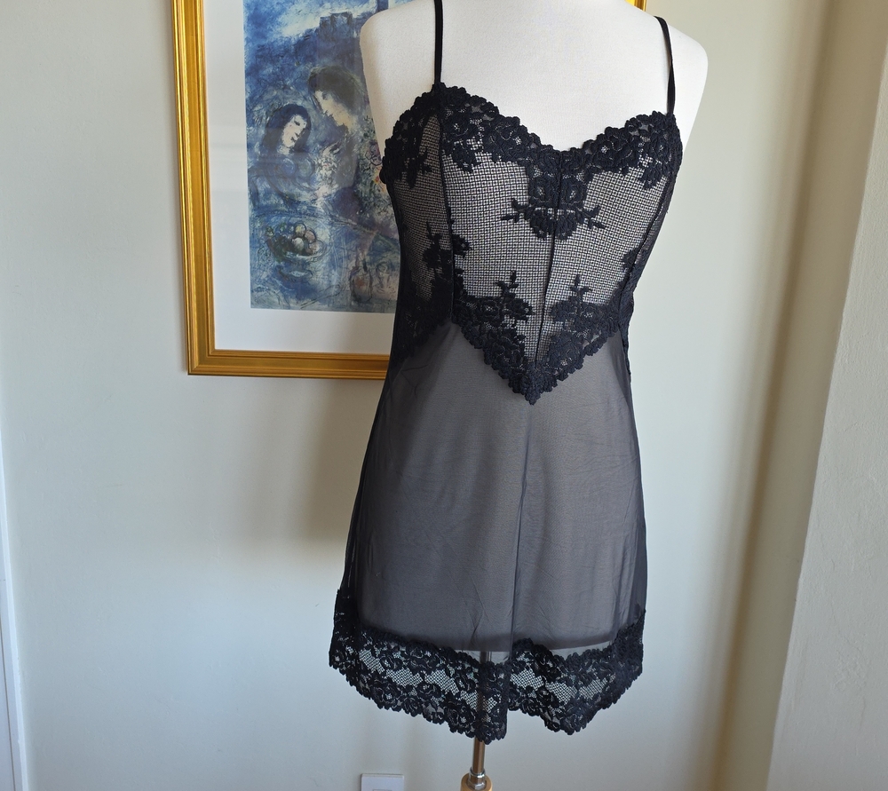 intimissimi Black Sheer Lace Chemise with Floral Appliqué